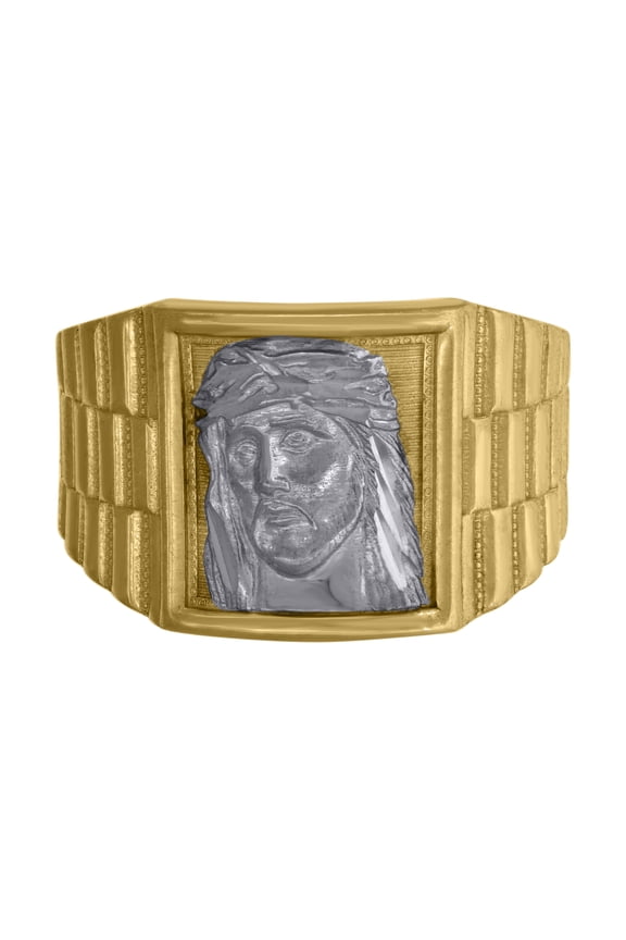 10kt 10k Two-Tone Gold Mens Textured Jesus Face Religious Ring