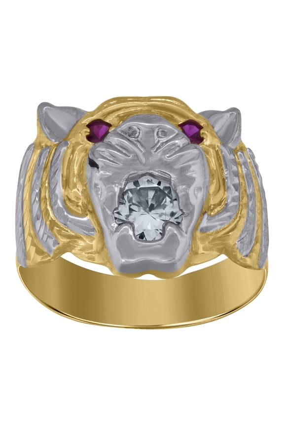 10kt 10k Two-Tone Gold Mens White Pink Cubic Zirconia Tiger Animal Ring