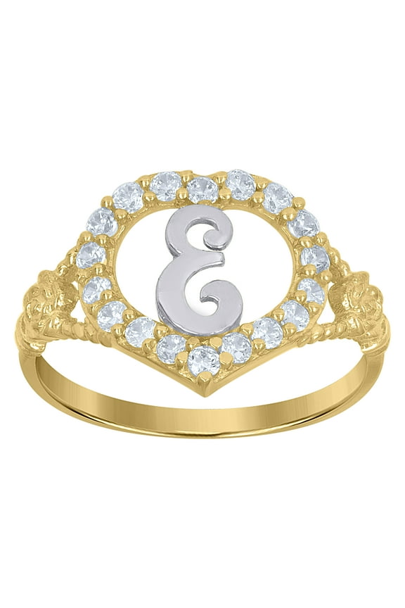 10kt 10k Two-Tone Gold Womens Cubic Zirconia Polished Finish Heart Shape Letter E Initial Ring