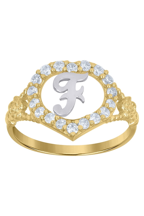 10kt 10k Two-Tone Gold Womens Cubic Zirconia Polished Finish Heart Shape Letter F Initial Ring