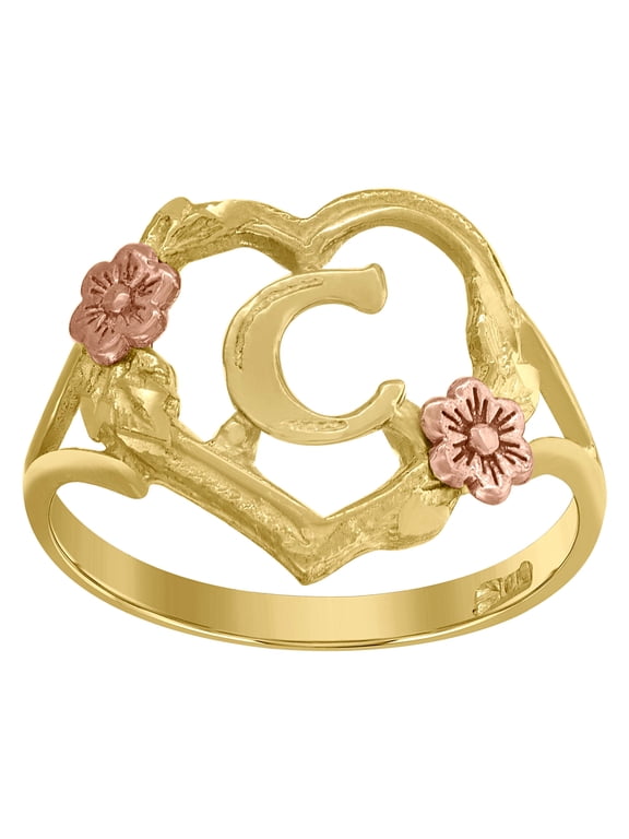 10kt 10k Two-Tone Gold Womens Dc Textured Initial Letter C Heart Band Ring