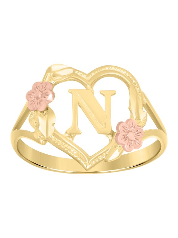 10kt 10k Two-Tone Gold Womens Dc Textured Initial Letter N Heart Band Ring