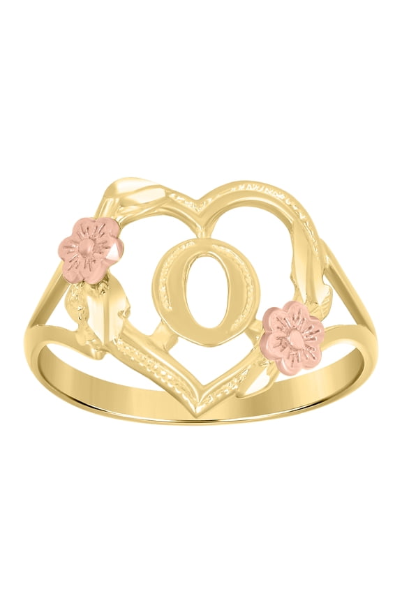 10kt 10k Two-Tone Gold Womens Dc Textured Initial Letter O Heart Band Ring