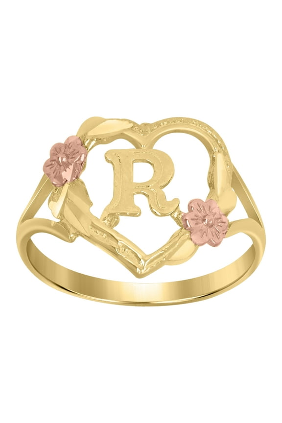 10kt 10k Two-Tone Gold Womens Dc Textured Initial Letter R Heart Band Ring