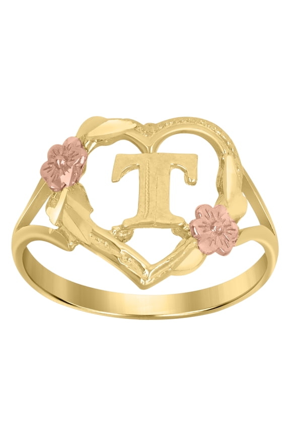 10kt 10k Two-Tone Gold Womens Dc Textured Initial Letter T Heart Band Ring