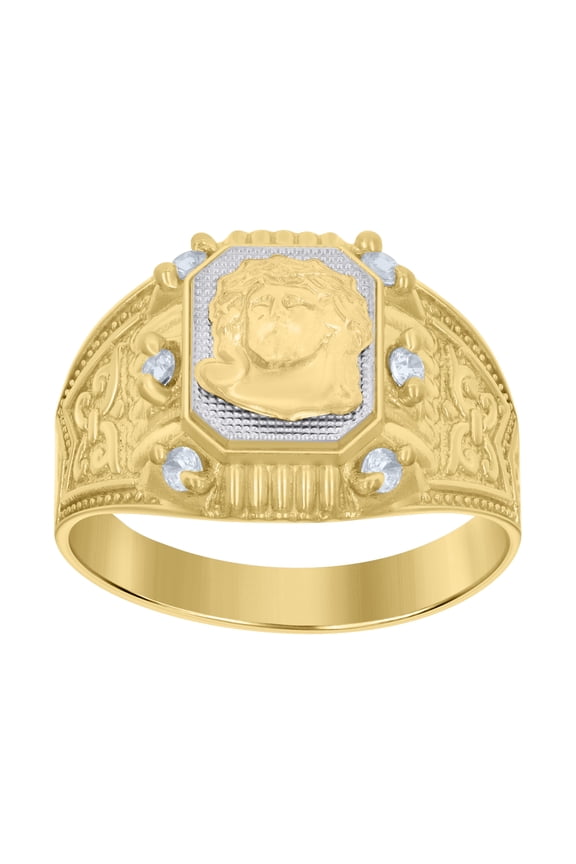 10kt 10k Two-tone Gold Mens Cubic-Zirconia Jesus Religious Ring