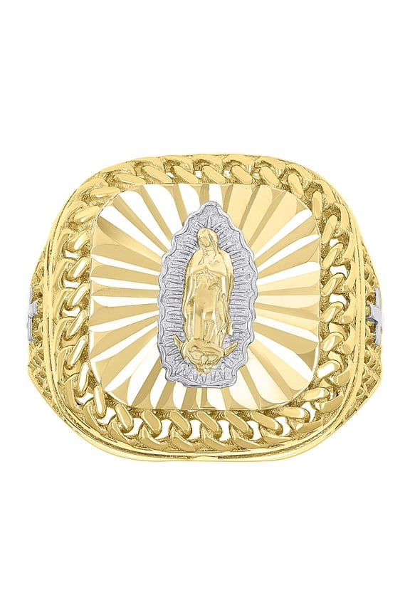 10kt 10k Two-tone Gold Mens Square Head Guadalupe Religious Cuban Border Ring