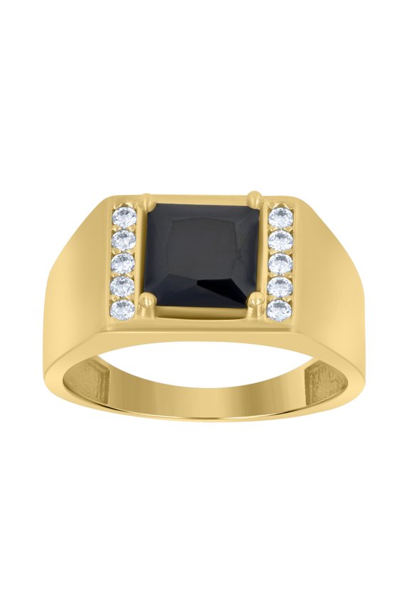 10kt 10k Yellow Gold Mens Black White Cubic-Zirconia Square Head Fashion Ring
