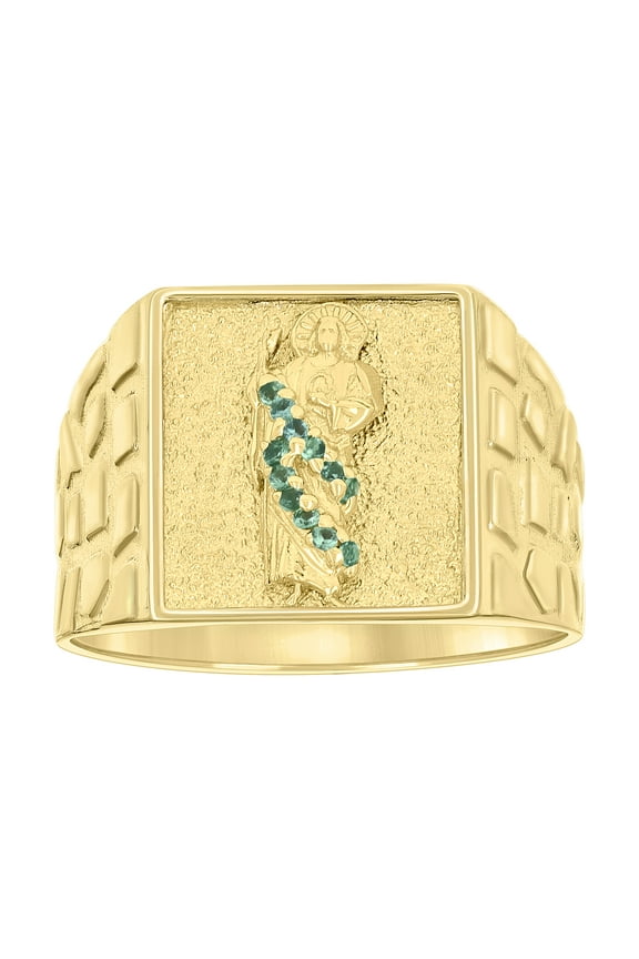 10kt 10k Yellow Gold Mens Green Cubic-Zirconia St. Jude Religious Square Head Nugget Ring
