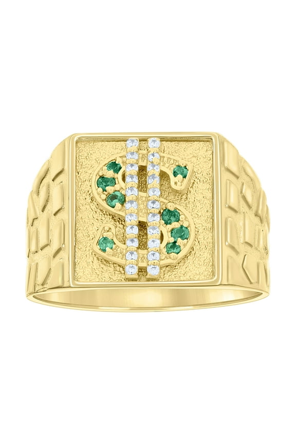 10kt 10k Yellow Gold Mens Green White Cubic-Zirconia Square Head Dollar Sign Currency Nugget Ring