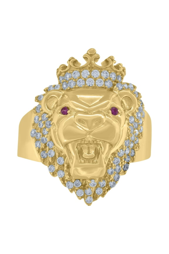 10kt 10k Yellow Gold Mens White Pink Cubic Zirconia Crowned Lion Head Ring