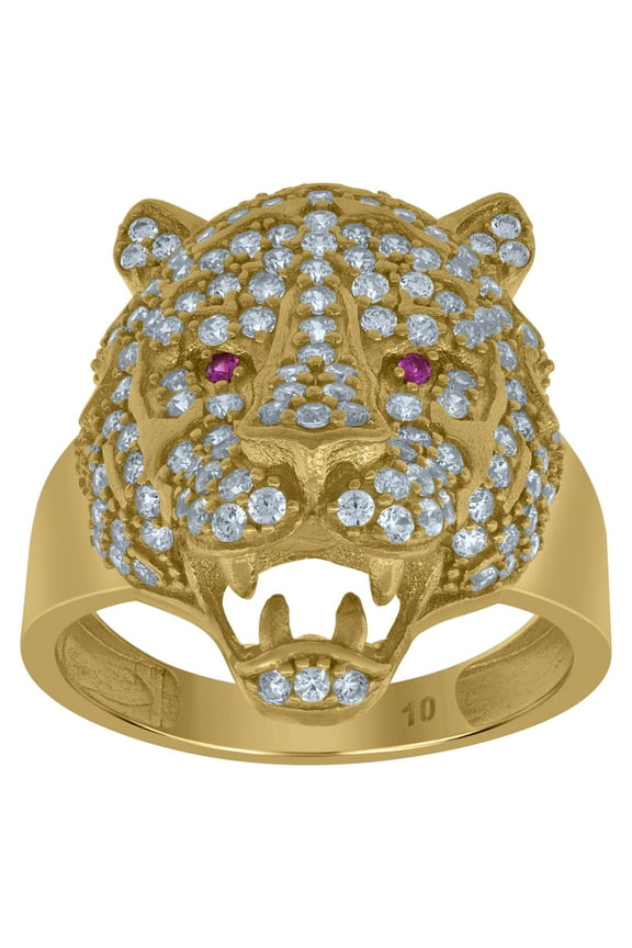 10kt 10k Yellow Gold Mens White Pink Cubic Zirconia Tiger Animal Head Ring
