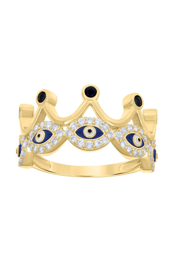 10kt 10k Yellow Gold Womens Black White Cubic-Zirconia Crown Evil Eye Good Luck Ring