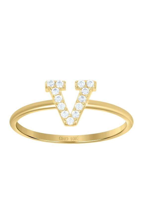 10kt 10k Yellow Gold Womens Cubic Zirconia Initial Alphabet V Ring