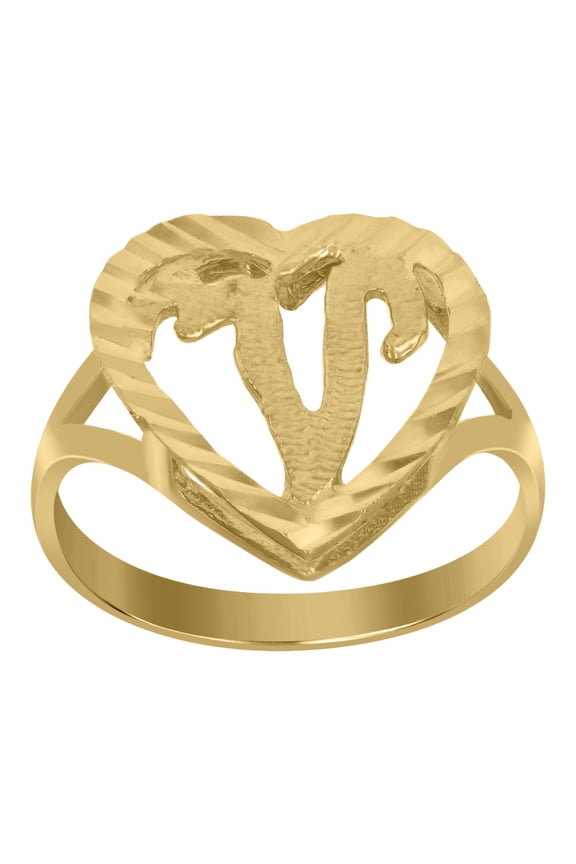 10kt 10k Yellow Gold Womens Diamond-Cut Textured Heart Initial Letter V Band Ring