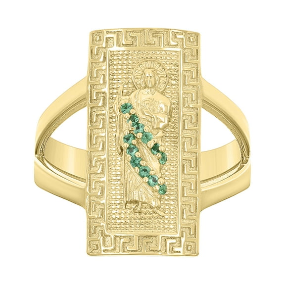 10kt 10k Yellow Gold Womens Green Cubic-Zirconia St. Jude Religious Greek Key Patterned Ring