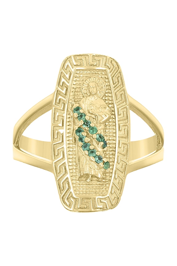 10kt 10k Yellow Gold Womens Green Cubic-Zirconia St. Jude Religious Greek Key Patterned Ring