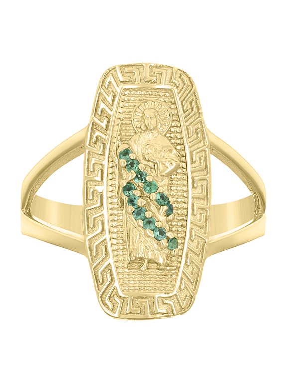 10kt 10k Yellow Gold Womens Green Cubic-Zirconia St. Jude Religious Greek Key Patterned Ring