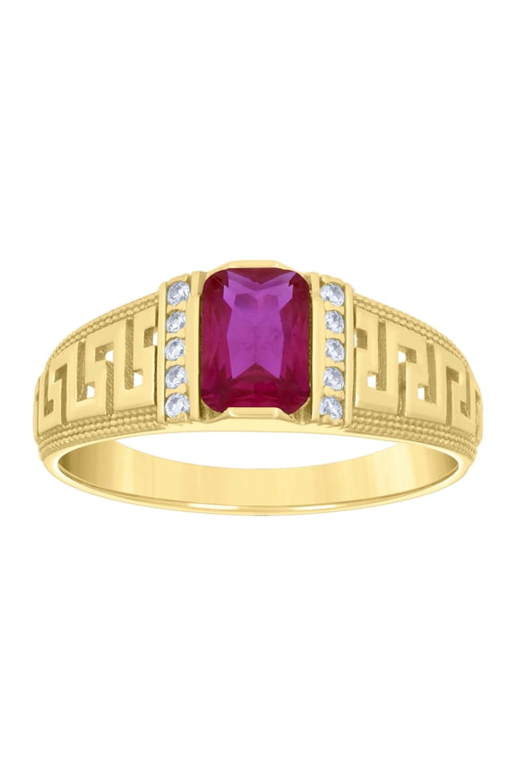 10kt 10k Yellow Gold Womens Pink White Emerald Round Cubic-Zirconia Greek Key Sides Fashion Ring