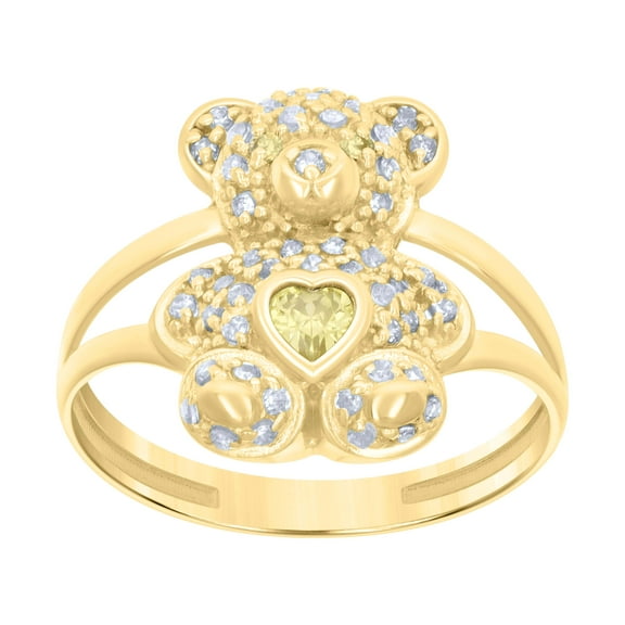 10kt 10k Yellow Gold Womens Yellow White Heart Round Cubic-Zirconia November Birthstone Teddy Bear Ring