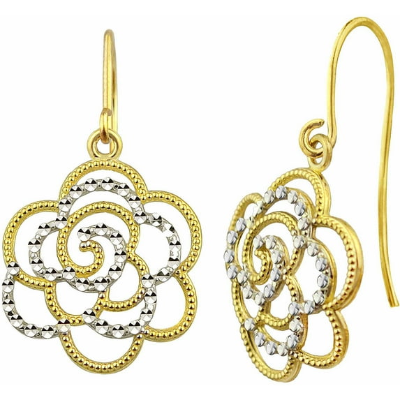 10kt Gold Diamond-Cut Floral Design Drop Earrings