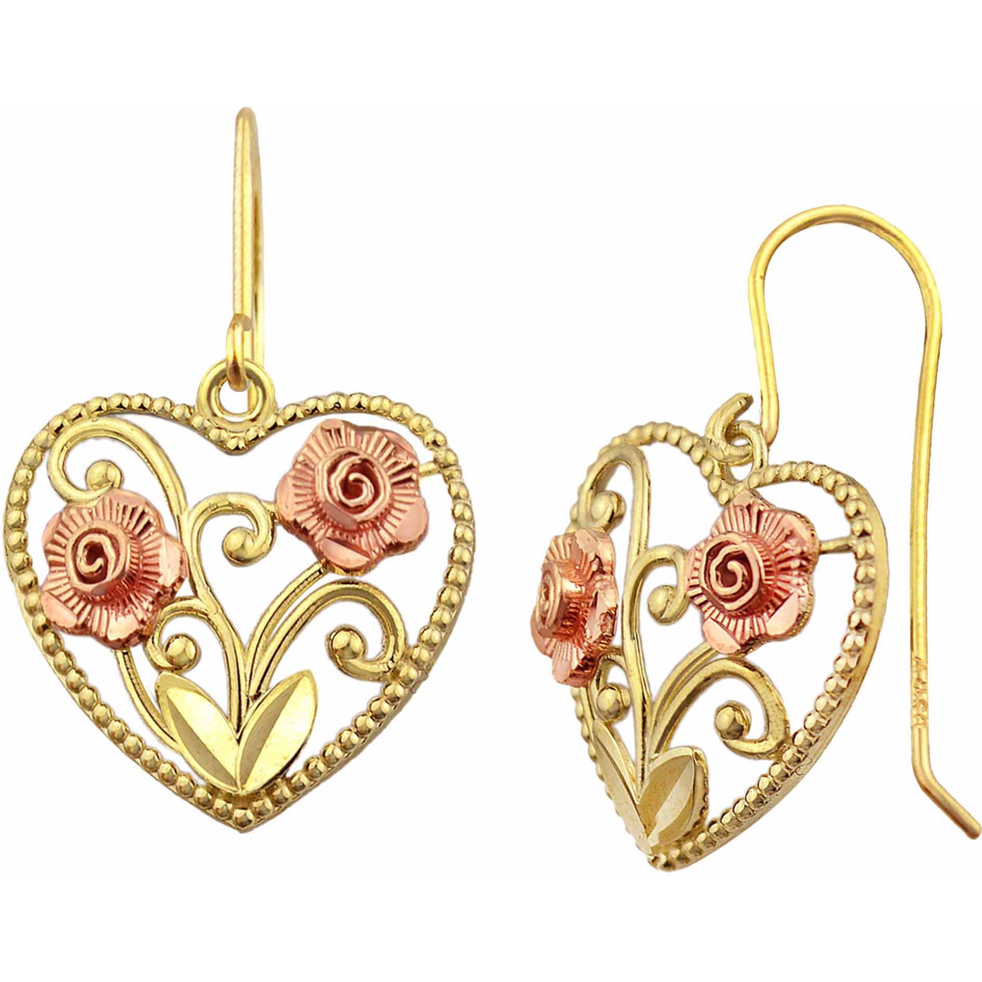 10kt Gold Heart with Rose Gold Flower Drop Earrings
