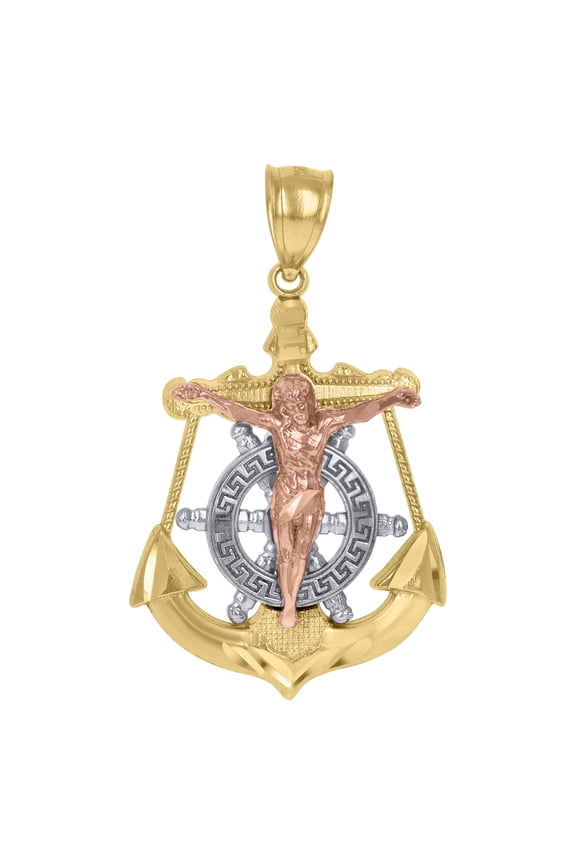 10kt Gold Tri-Color Diamond-Cut Unisex Anchor Cross Crucifix Religious Charm Pendant 3 Grams