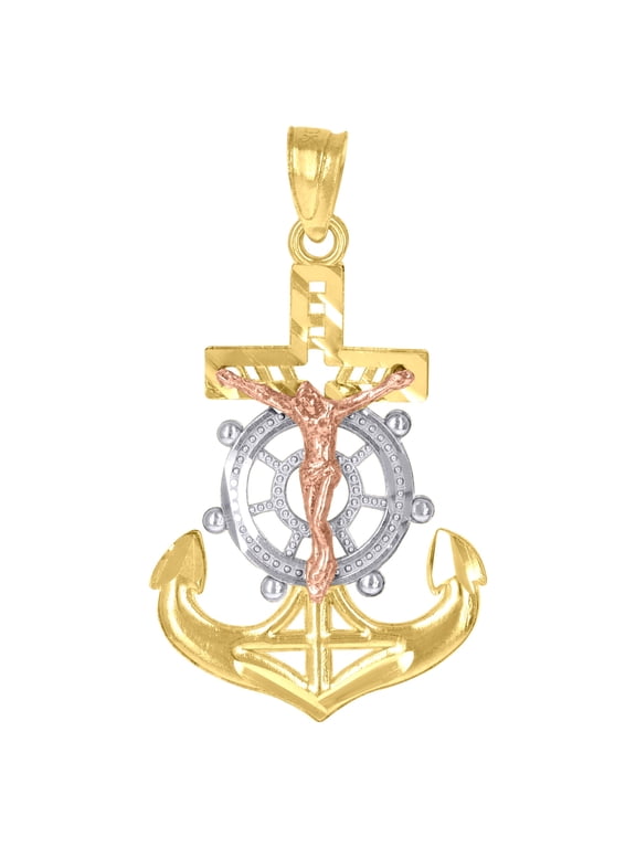 10k Gold Tri-color Unisex Anchor Cross Crucifix Religious Charm Pendant Pendant Necklace for Men Women