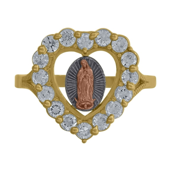 10kt Real Gold Womens Tri-Color Cz Guadalupe Mary Heart Religious Band Ring