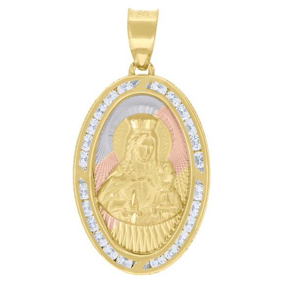 10kt Real Tri-Color Gold Unisex Cubic-Zirconia Textured Santa Barbara Religious Oval Charm Pendant