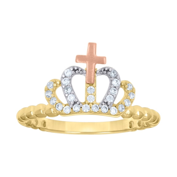 10kt Real Tri-Color Gold Womens Cubic-Zirconia Cross Crown Fashion Ring