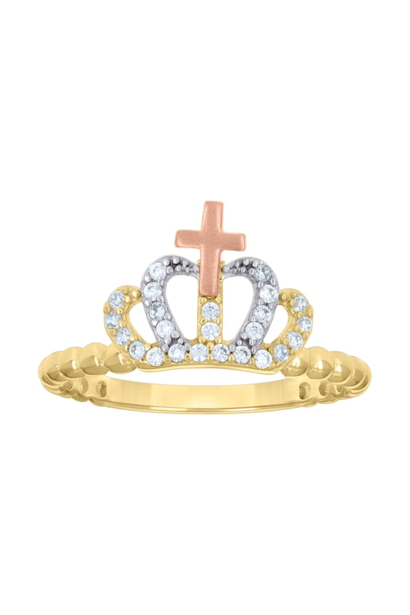 10kt Real Tri-Color Gold Womens Cubic-Zirconia Cross Crown Fashion Ring
