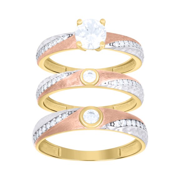 10kt Real Tri-Color Gold Womens Cubic-Zirconia Trio Ring Set