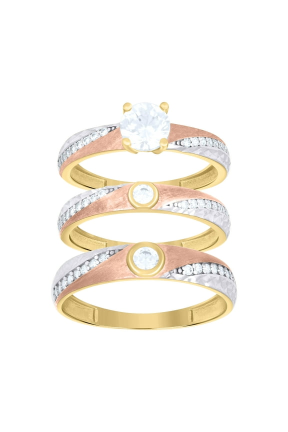 10kt Real Tri-Color Gold Womens Cubic-Zirconia Trio Ring Set