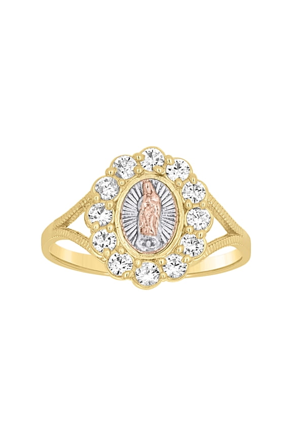 10kt Real Tri-Color Gold Womens Round Cubic Zirconia Lady Of Guadalupe Religious Ring