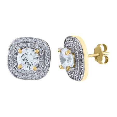 10kt Real Two-Tone Gold CZ Womens Polished Finish Square Push Back Stud Earrings