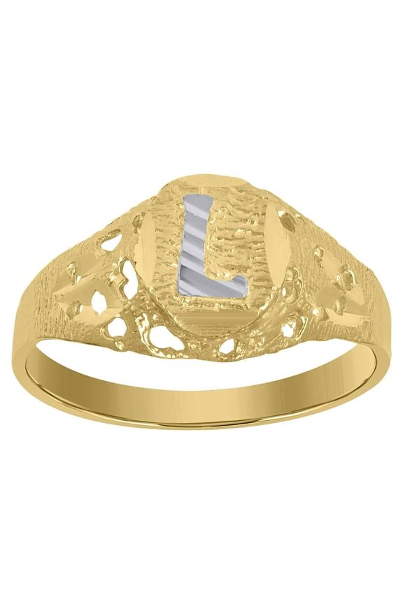 10kt Real Two-Tone Gold Mens Diamond-Cut Textured Oval Initial Letter L Band Ring