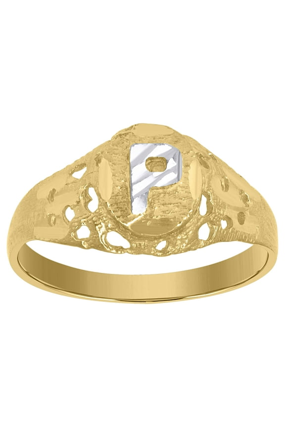 10kt Real Two-Tone Gold Mens Diamond-Cut Textured Oval Initial Letter P Band Ring