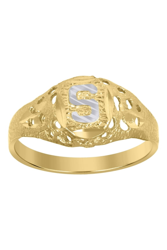 10kt Real Two-Tone Gold Mens Diamond-Cut Textured Oval Initial Letter S Band Ring