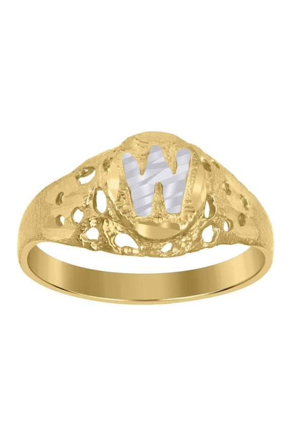 10kt Real Two-Tone Gold Mens Diamond-Cut Textured Oval Initial Letter W Band Ring
