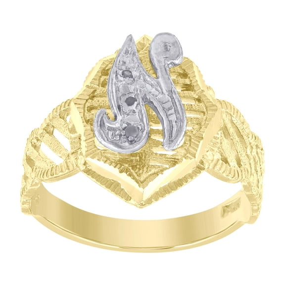 10kt Real Two-Tone Gold Unisex Cubic Zirconia Dc Textured Initial Letter N Ring
