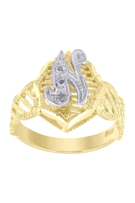 10kt Real Two-Tone Gold Unisex Cubic Zirconia Dc Textured Initial Letter N Ring