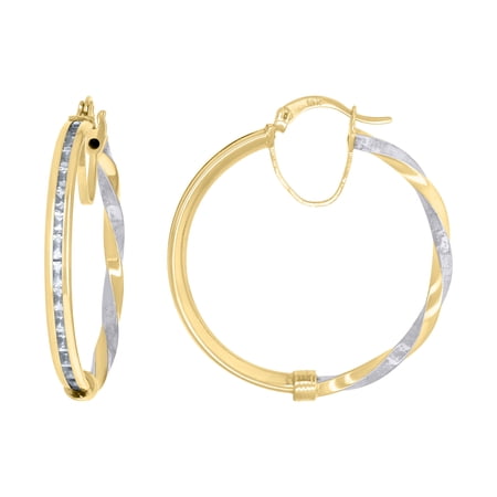 10kt Real Two-Tone Gold Womens Baguette Cubic-Zirconia Textured Twisted Hoops Huggies Earrings