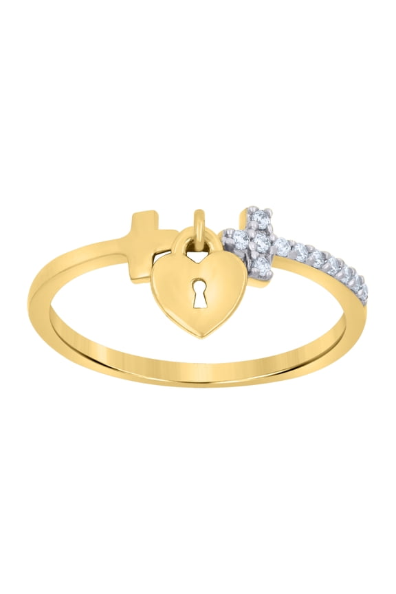 10kt Real Two-Tone Gold Womens Cubic-Zirconia Cross Heart Lock Ring