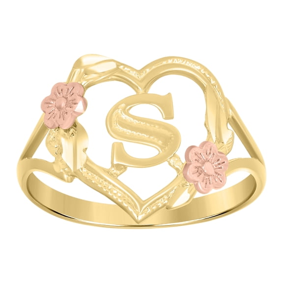 10kt Real Two-Tone Gold Womens Dc Textured Initial Letter S Heart Band Ring