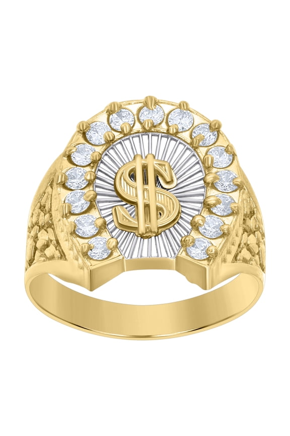 10kt Real Two-tone Gold Mens Cubic-Zirconia Dollar Symbol Currency Ring