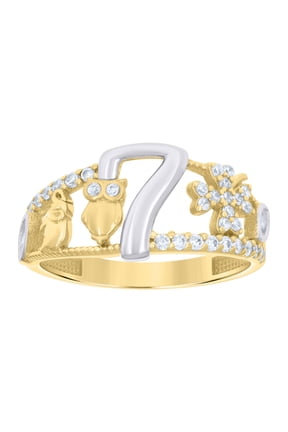 10kt Real Two-tone Gold Womens Cubic-Zirconia Elephant Owl Clover 7 Good Luck Ring