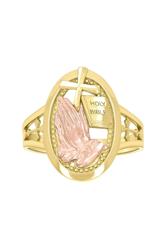 10kt Real Two-tone Gold Womens Holy Bible Praying Hands Symbol Religious Ring