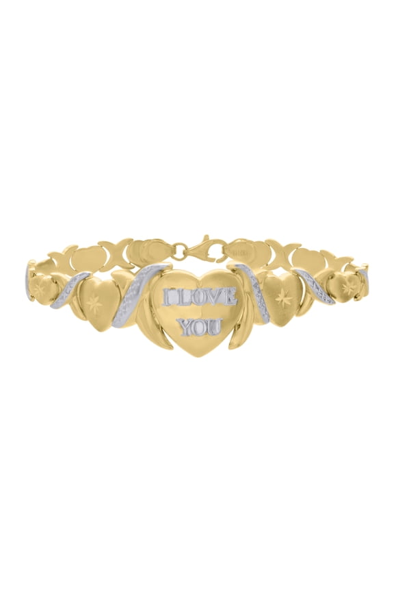 10kt Real Two-tone Gold Womens I LOVE YOU Heart Link 7" Bracelet