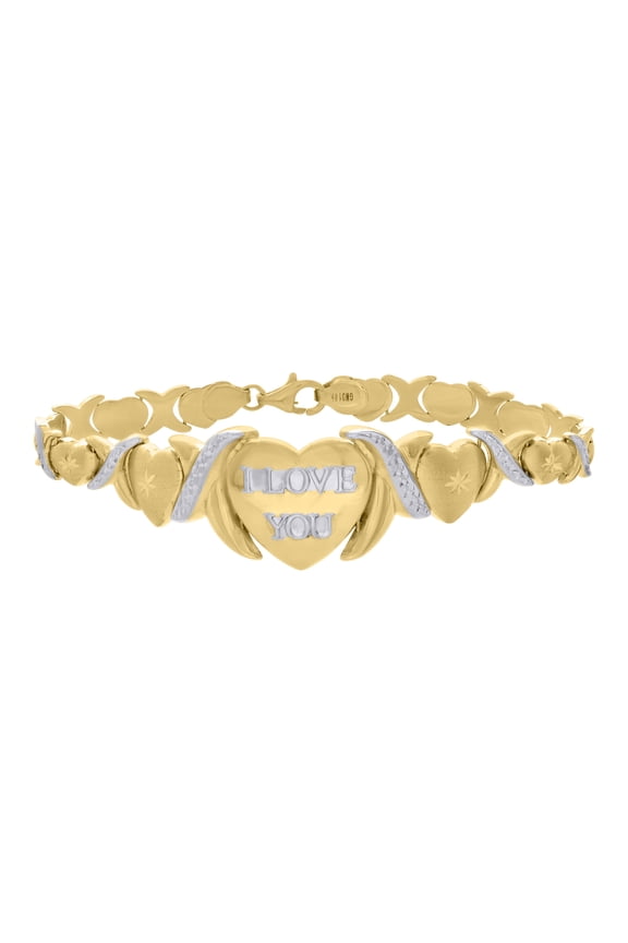 10kt Real Two-tone Gold Womens I LOVE YOU Heart Link 8" Bracelet